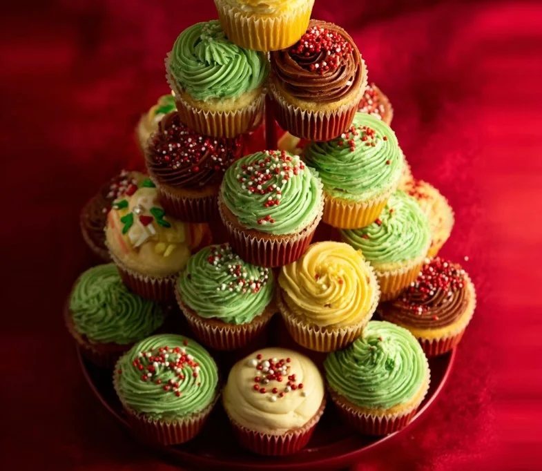 A beautifully decorated cupcake Christmas tree for holiday celebrations.