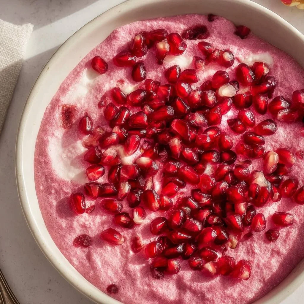 Dairy-Free Cranberry Fluff dessert in a bowl, topped with fresh cranberries.