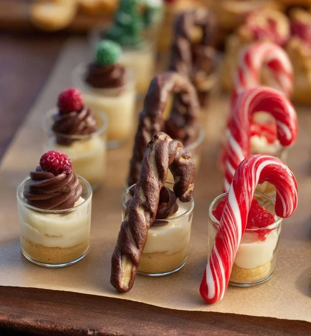 A stunning dessert table decorated with festive Christmas treats for the holidays.