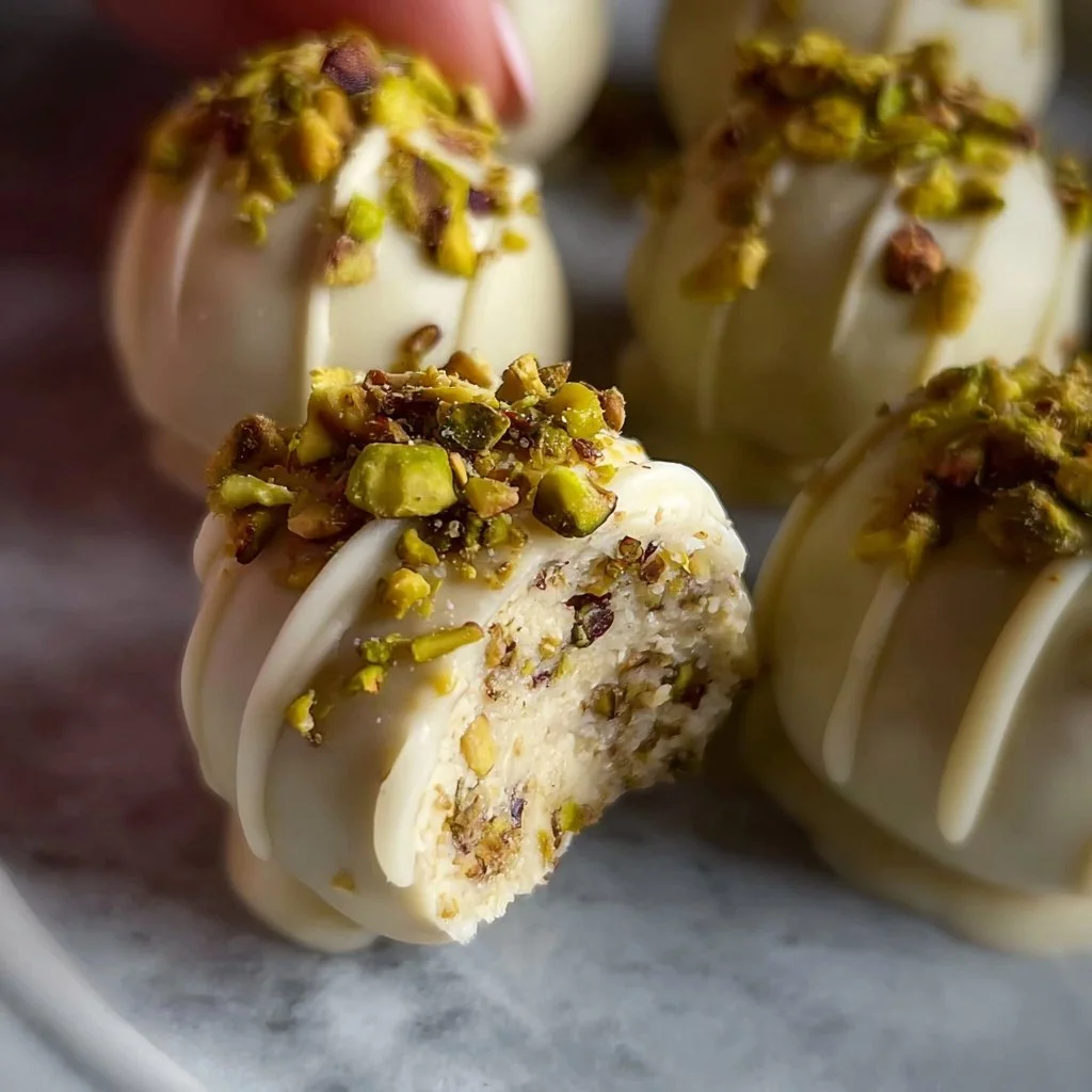 Delicious white chocolate pistachio truffles on a decorative plate