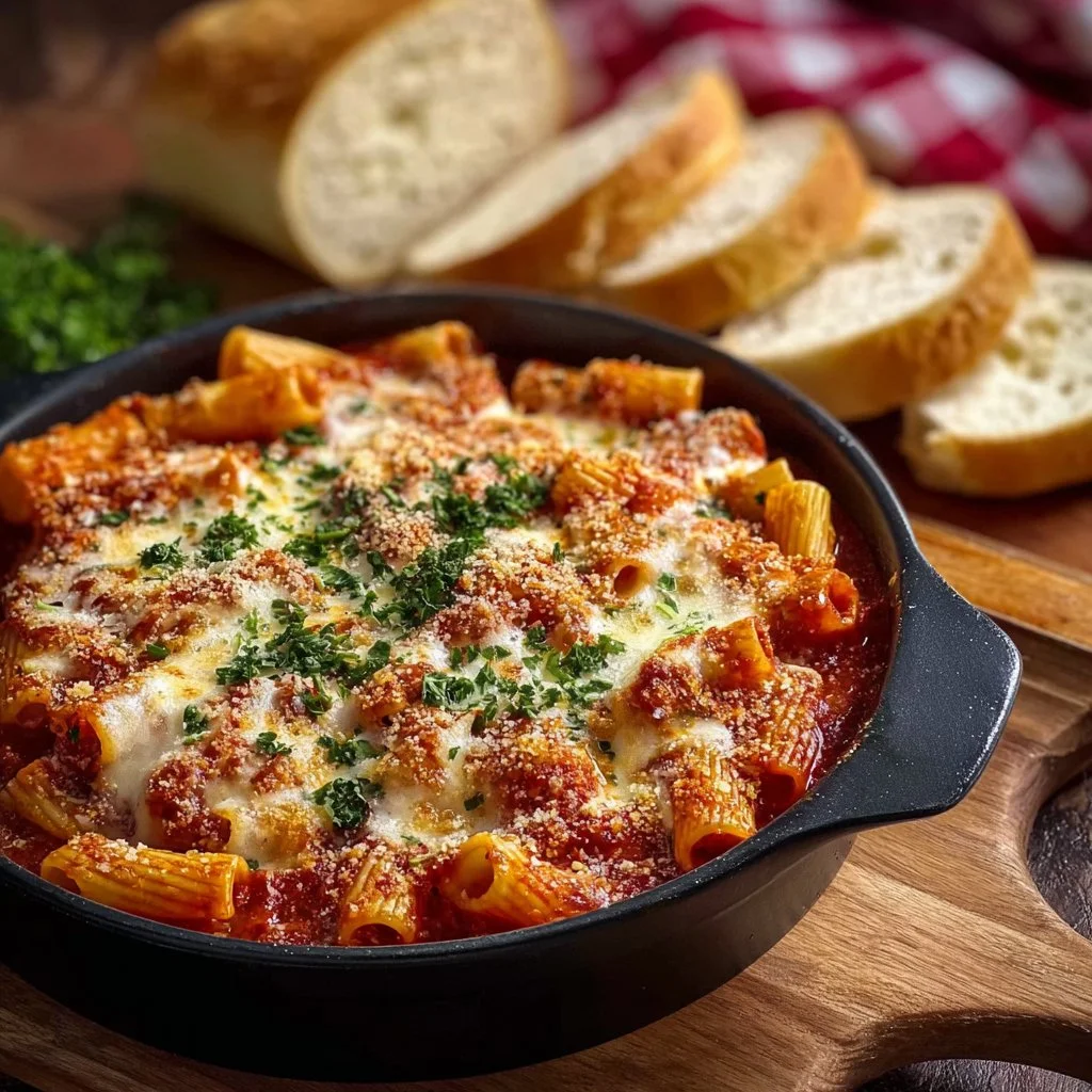 Dump and Bake Chicken Parmesan Casserole ready to serve with cheesy topping