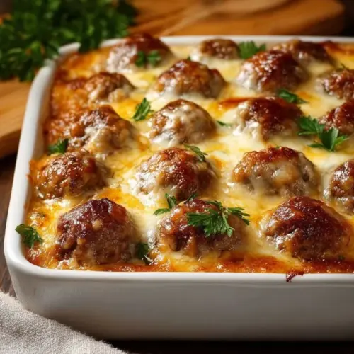 Delicious dump-and-bake meatball casserole topped with cheese and herbs