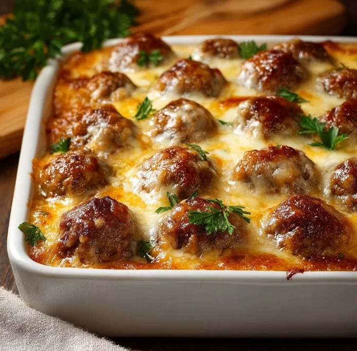 Delicious dump-and-bake meatball casserole topped with cheese and herbs