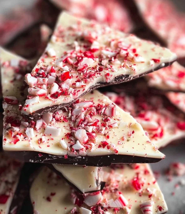 3 ingredient peppermint bark on a festive plate