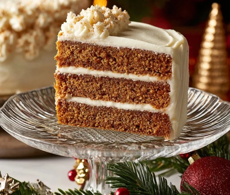 Delicious Easy Christmas Gingerbread Cake decorated with festive icing and spices