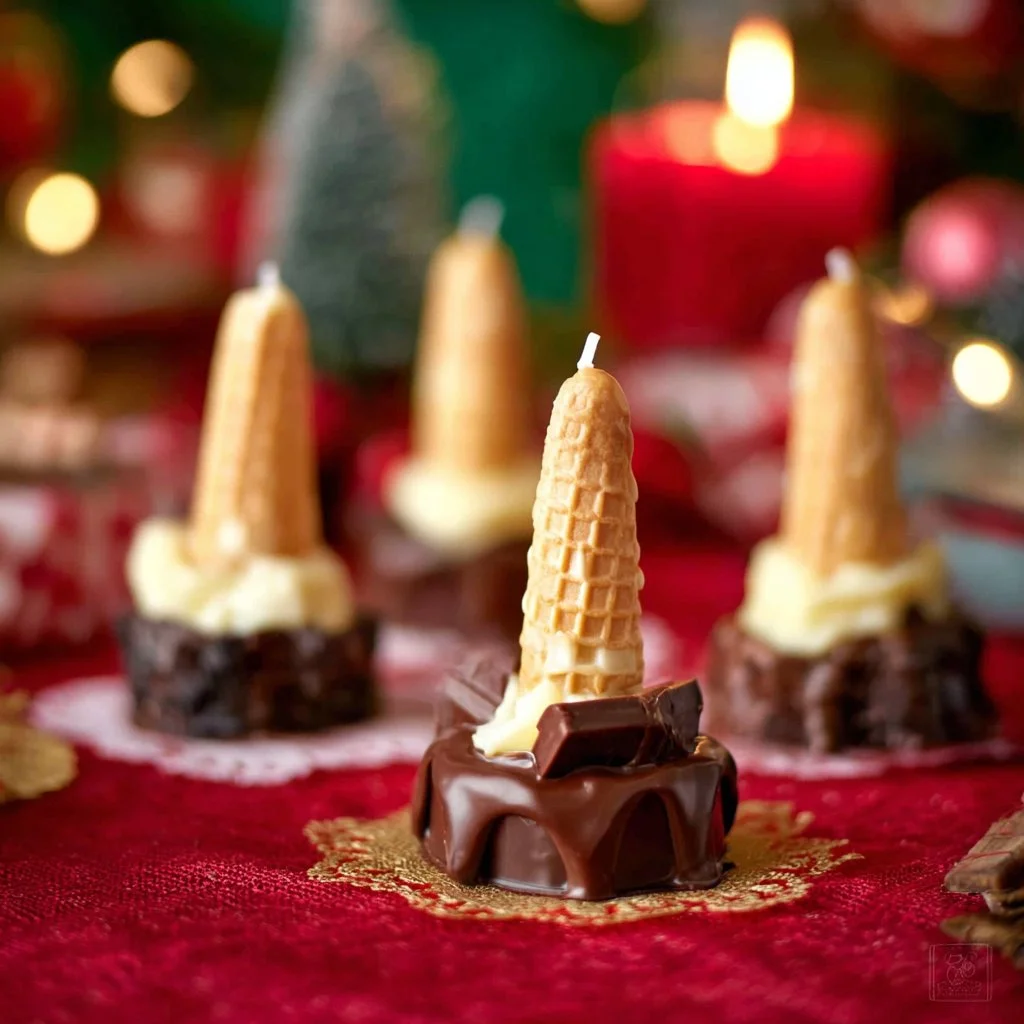 Homemade edible Christmas candles in decorative holiday designs.