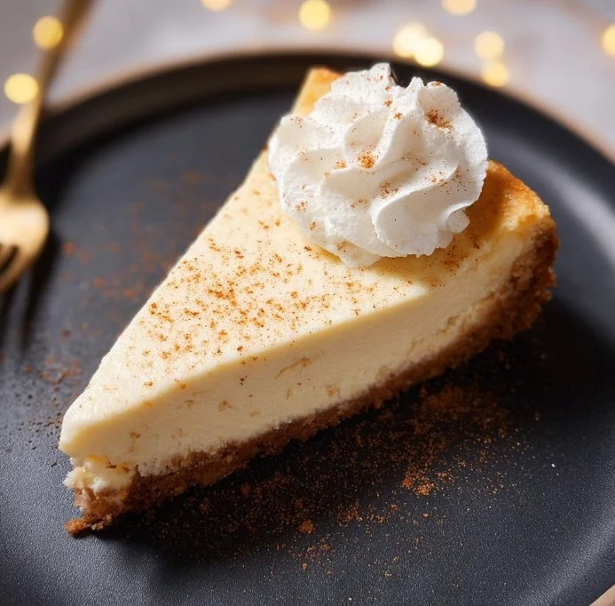 Slice of creamy Eggnog Cheesecake with whipped cream and nutmeg on top