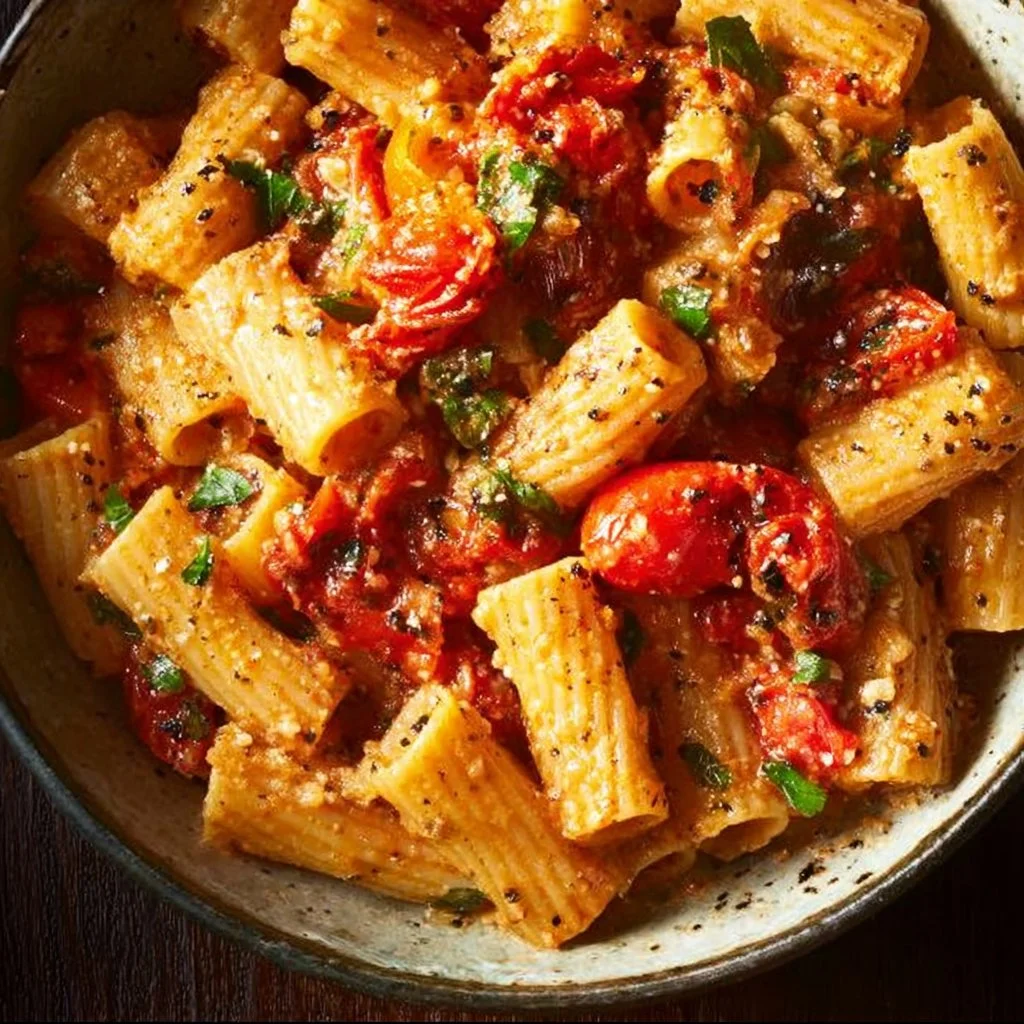 Eggplant and Sun-Dried Tomato Ricotta Pasta dish with fresh ingredients