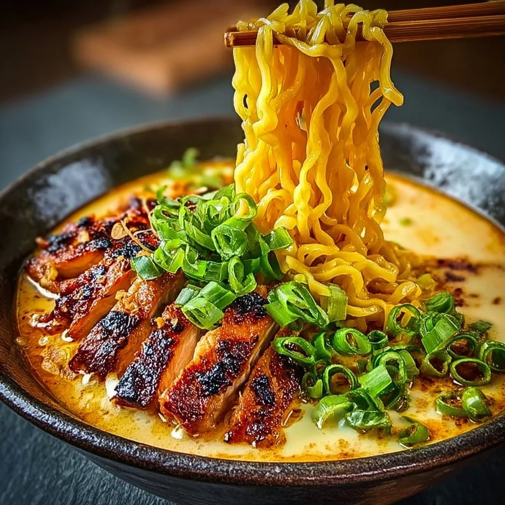 Fiery chicken ramen bowl with creamy garlic sauce and toppings