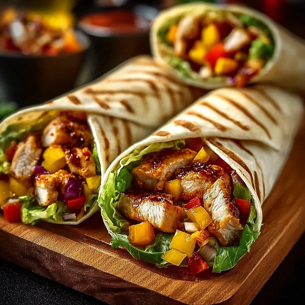 Delicious Firecracker Chicken Wraps filled with spicy chicken and fresh veggies