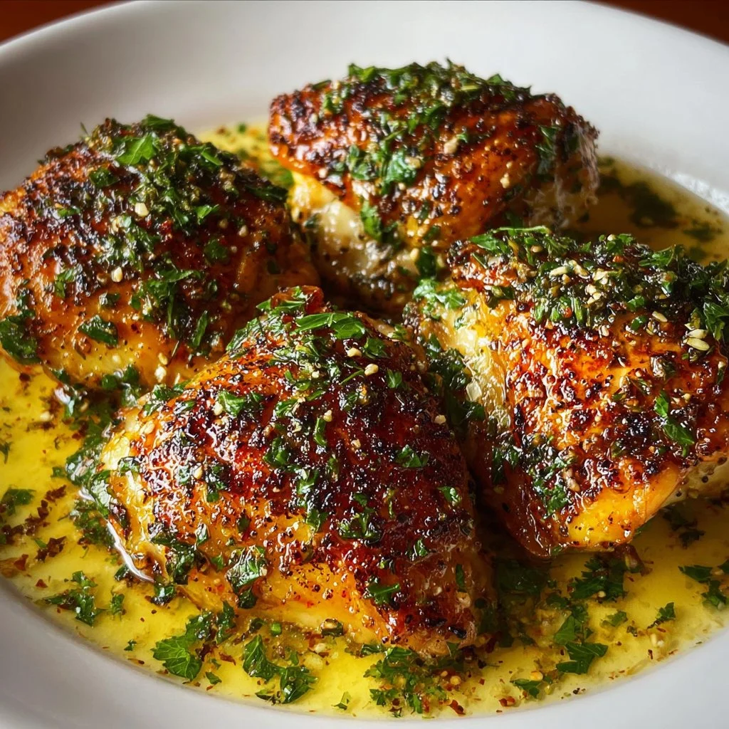 Plate of French Mustard Chicken with herbs and sides