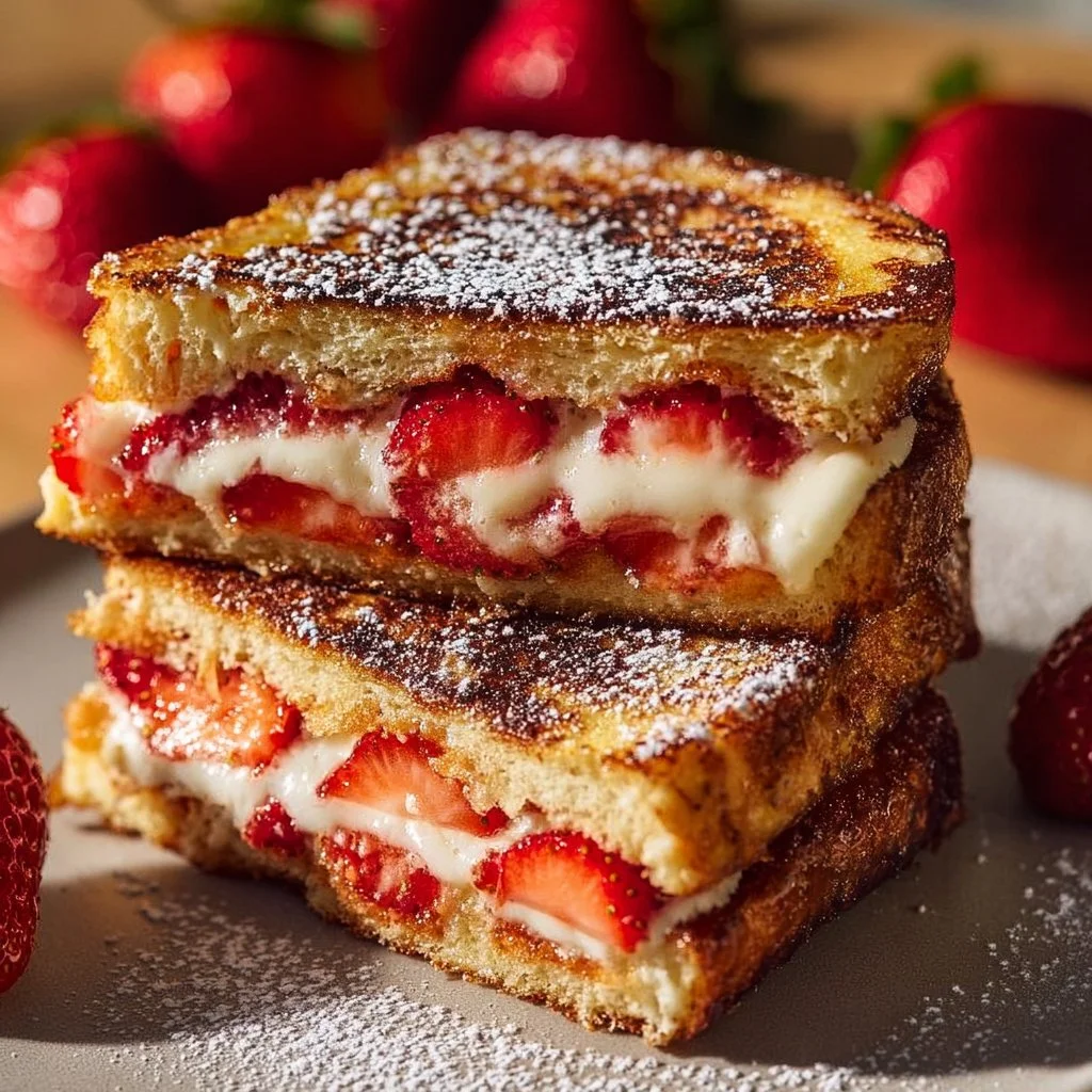 Fried strawberry cheesecake sandwiches served on a plate with fresh strawberries