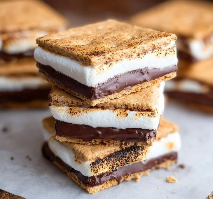 Delicious frozen s'mores dessert with chocolate, marshmallow, and graham crackers.