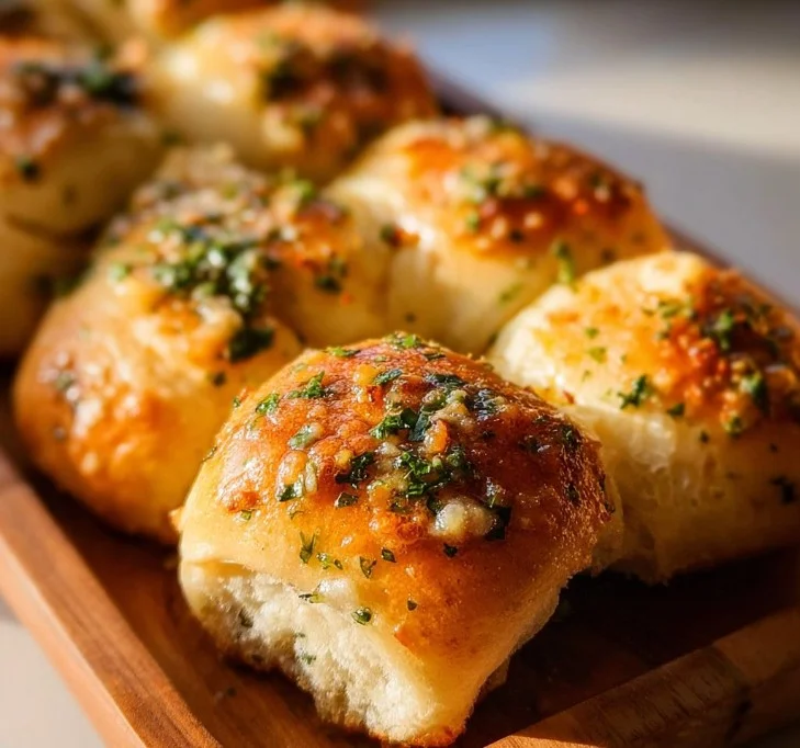 Freshly baked garlic bread rolls with herbs and melted butter