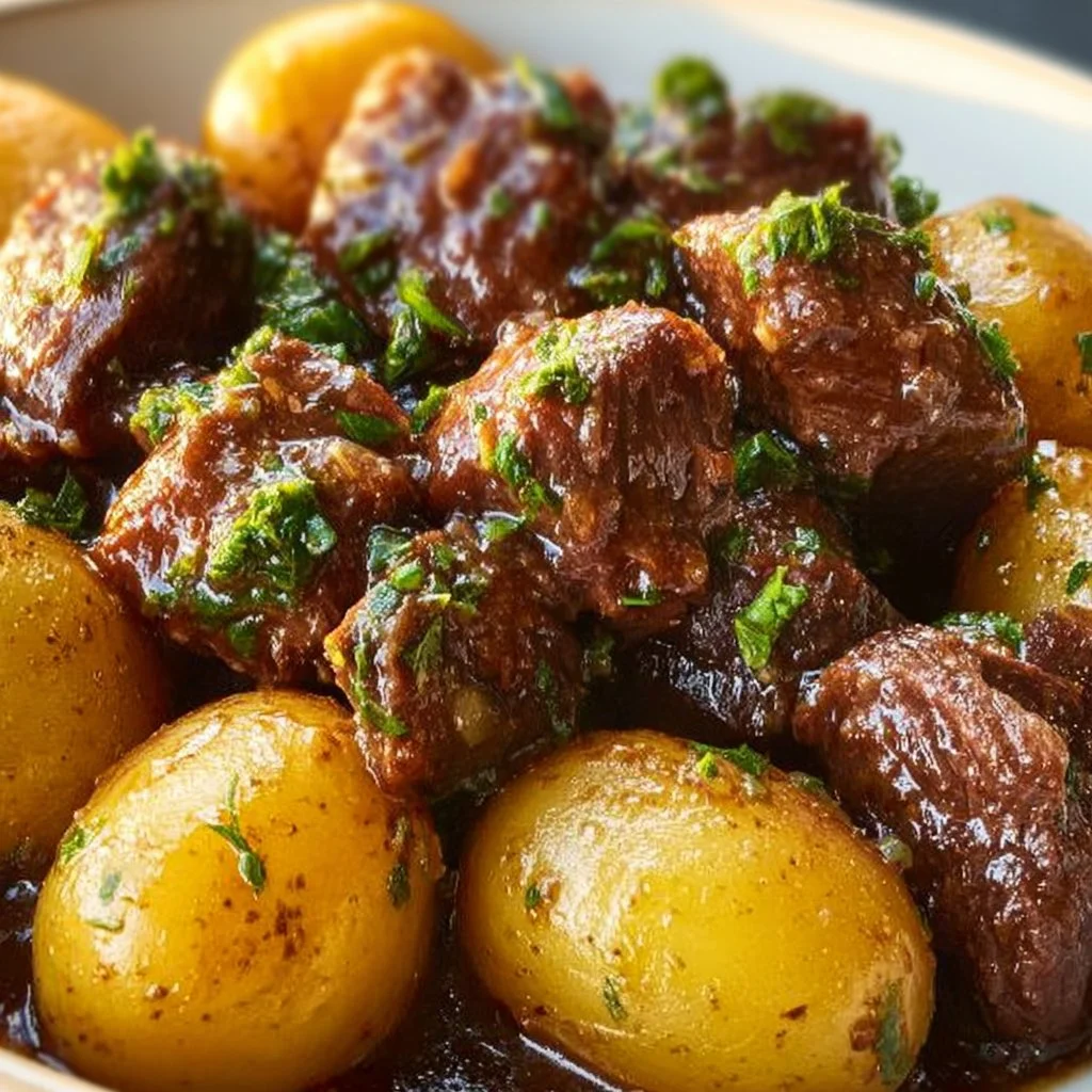 Delicious Garlic Butter Beef Bites served with golden roasted potatoes