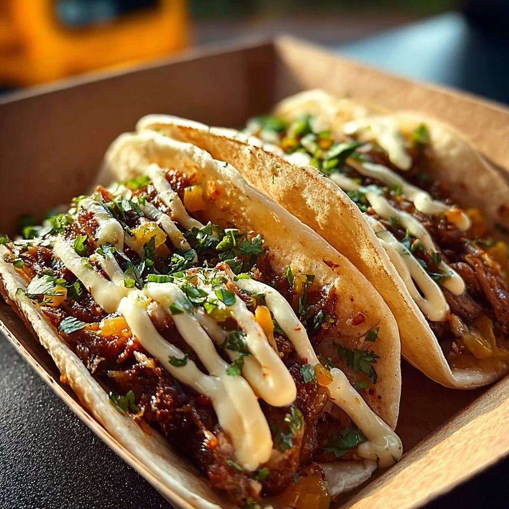Garlic Butter Honey BBQ Beef Tacos served on a plate with fresh toppings