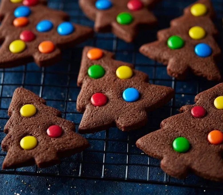 Festive Gingerbread Christmas Tree Cookies decorated for the holiday season.