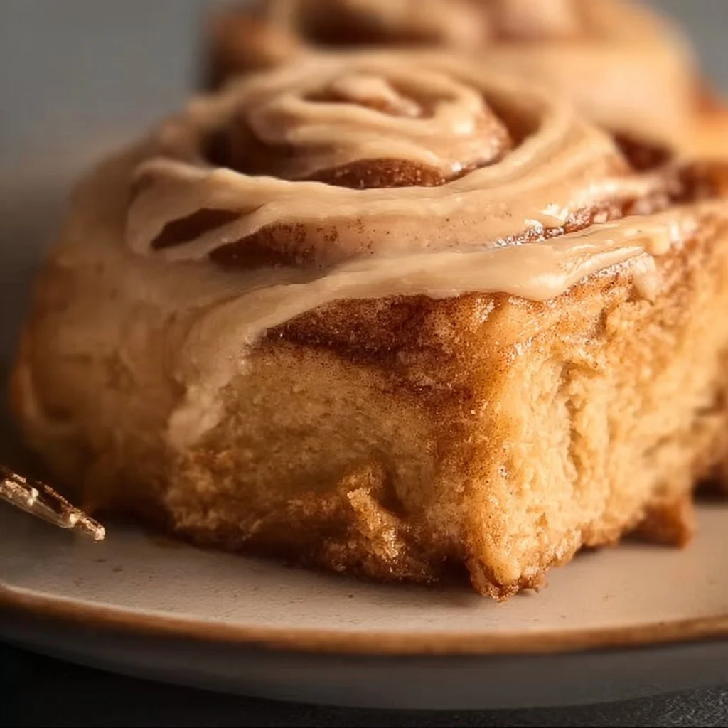Freshly baked gingerbread cinnamon rolls drizzled with icing.