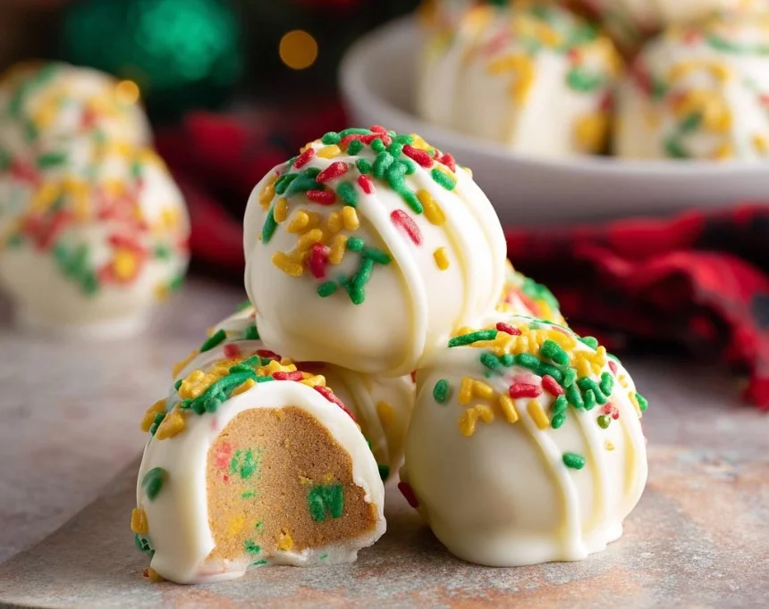 Decadent gingerbread truffles topped with festive sprinkles on a white plate.
