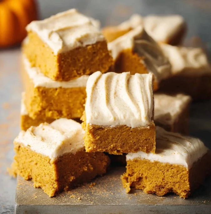 Delicious gluten-free pumpkin bars topped with cream cheese frosting.