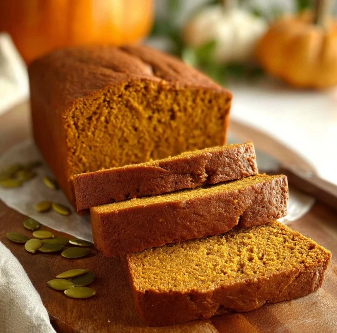 Delicious gluten-free pumpkin bread sliced on a rustic wooden table.