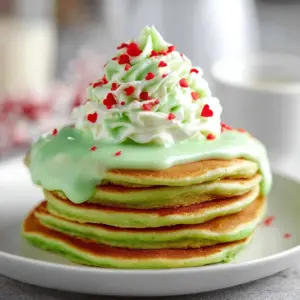 Plated Grinch Pancakes with festive green color and holiday-themed decorations