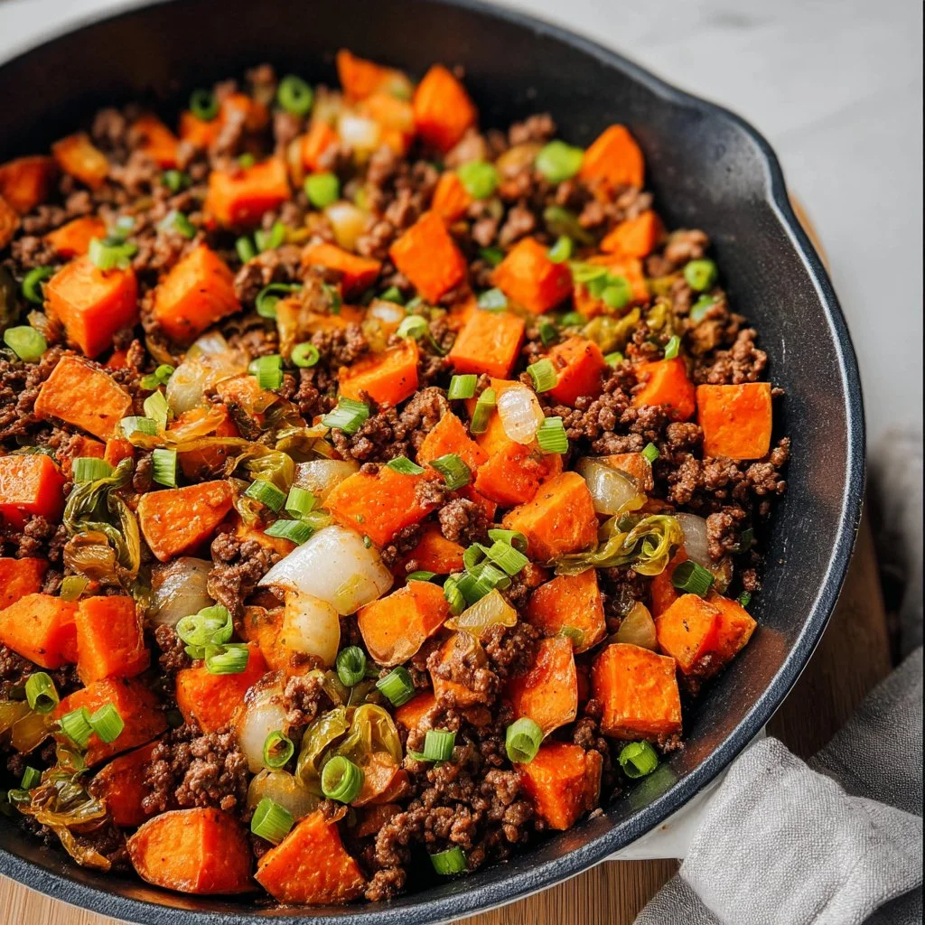 Ground Beef and Sweet Potato Skillet in a frying pan garnished with herbs
