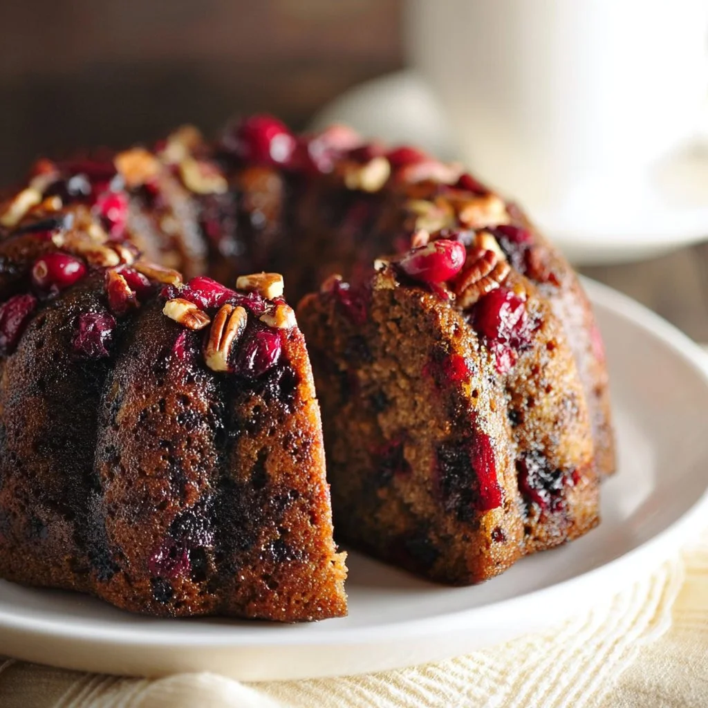 Healthy Christmas fruit bundt cake topped with festive decorations