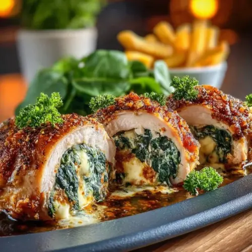 Herbed Ricotta Stuffed Chicken Rolls on a plate garnished with herbs