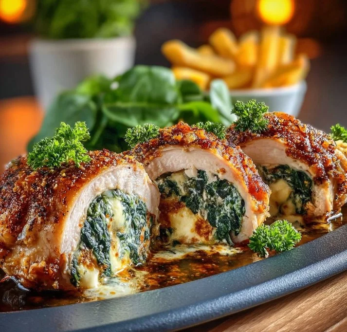 Herbed Ricotta Stuffed Chicken Rolls on a plate garnished with herbs