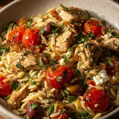 High Protein Mediterranean Chicken Orzo dish with fresh ingredients and spices