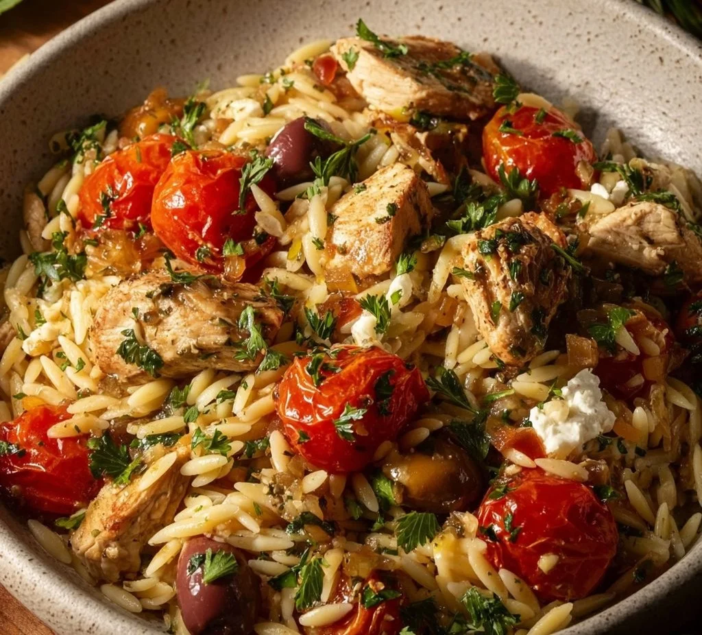 High Protein Mediterranean Chicken Orzo dish with fresh ingredients and spices