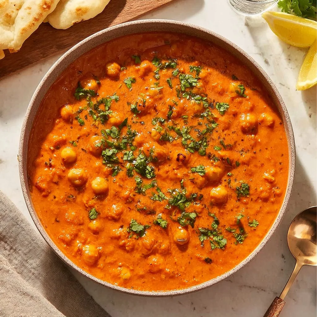 Delicious Indian Butter Chickpeas served with rice and garnish.