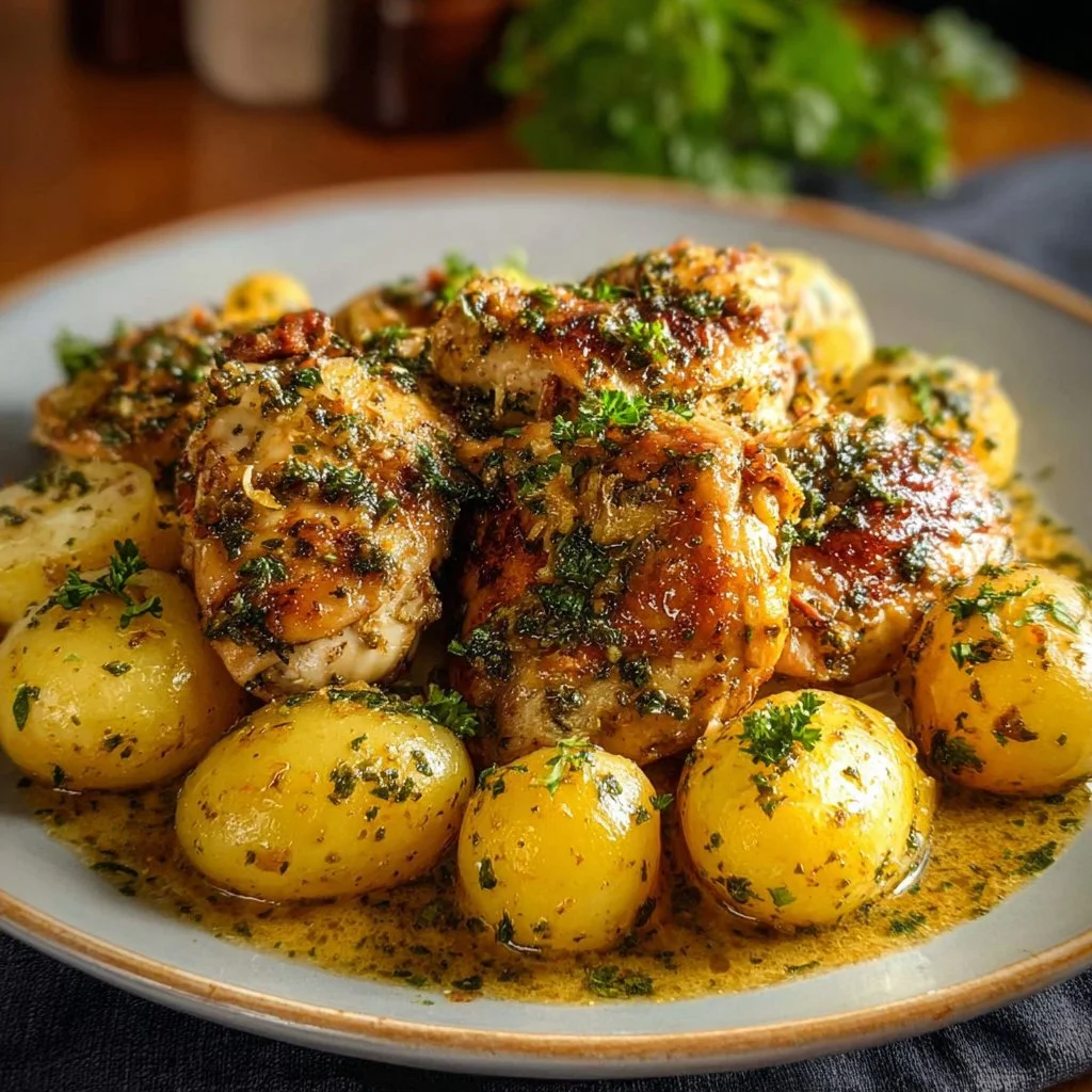 Delicious garlic parmesan crockpot chicken served with herbs