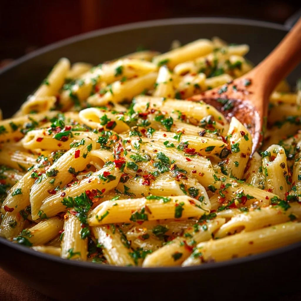 Delicious Italian pasta with garlic olive oil sauce on a plate