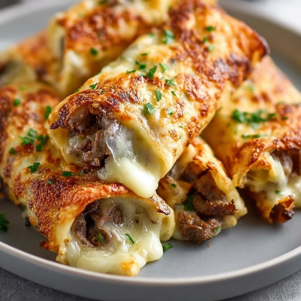 Keto Philly Cheesesteak Rolls with beef, cheese, and peppers in a low-carb wrap.