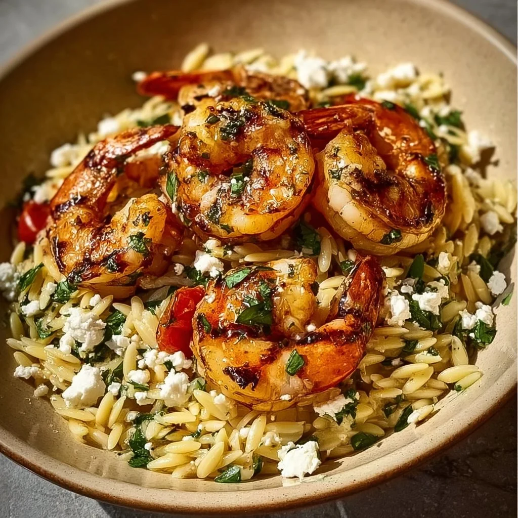 Delicious Lemon Feta Orzo Shrimp served with fresh herbs and lemon slices