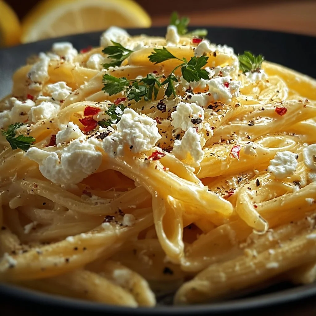 Delicious bowl of Lemon-Feta-Pasta garnished with herbs and lemon zest.