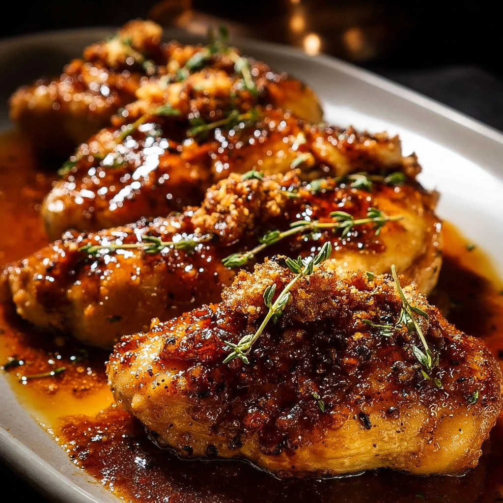 Plate of Maple Dijon Chicken garnished with herbs and served with sides