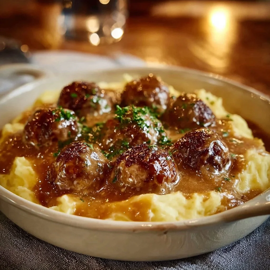 Delicious Meatball and Mashed Potato Bake served in a casserole dish.
