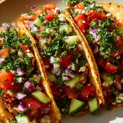Delicious Mediterranean Chicken Tacos topped with fresh vegetables and sauces
