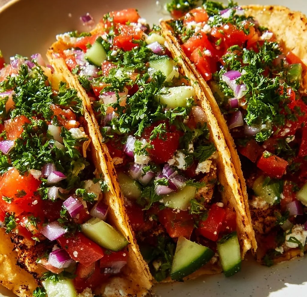 Delicious Mediterranean Chicken Tacos topped with fresh vegetables and sauces