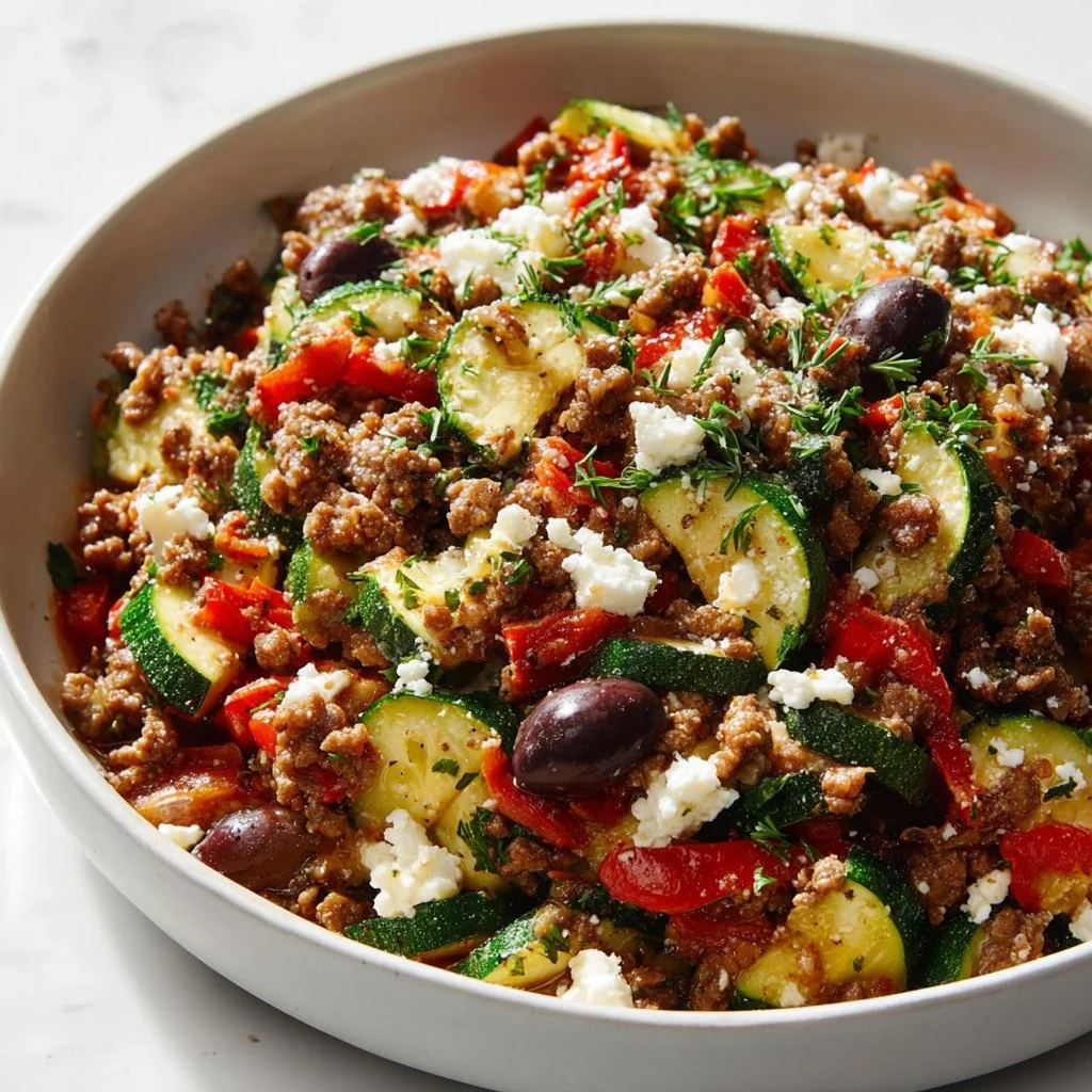 Mediterranean ground beef stir-fry with colorful vegetables in a skillet