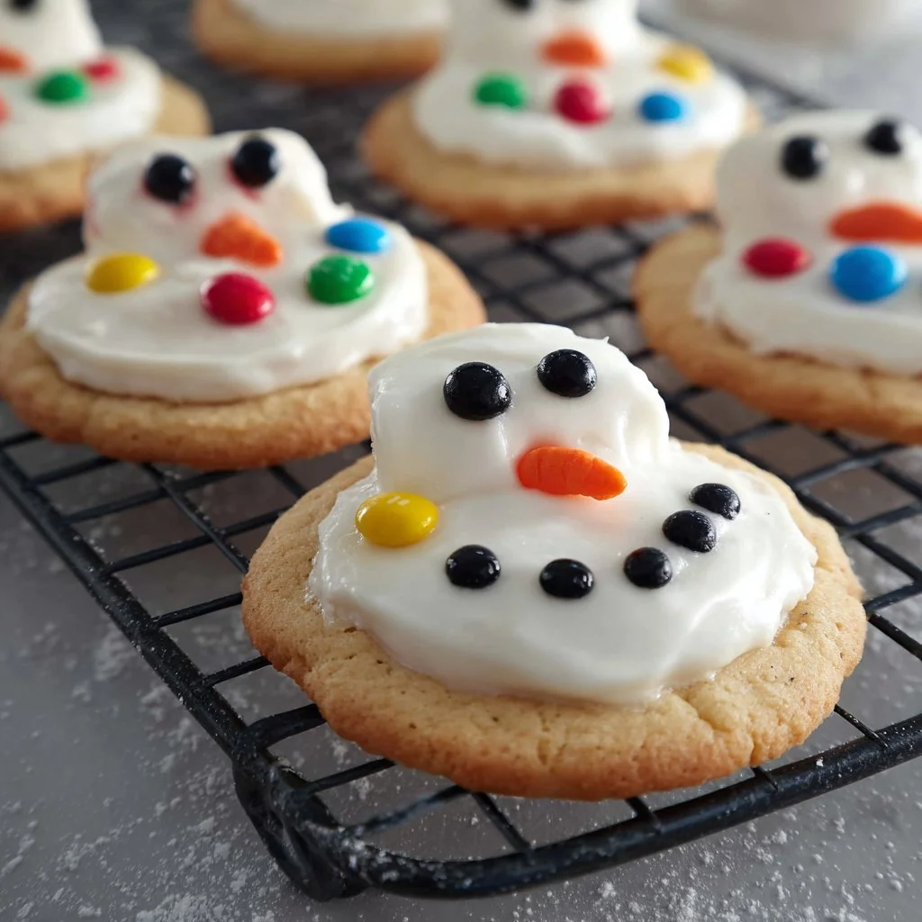 Delicious melted snowman biscuits decorated with melting snowman design
