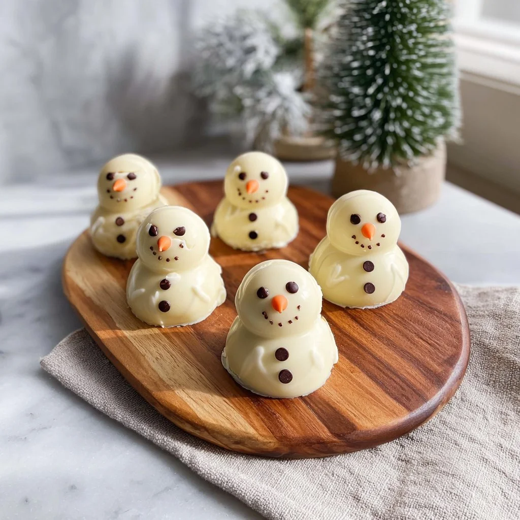 Melted snowman cake balls decorated with chocolate and frosting