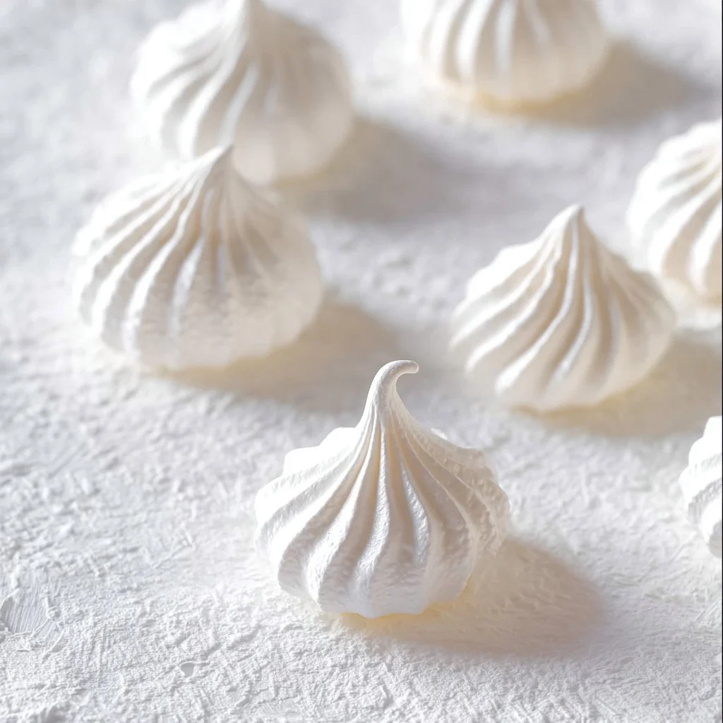A plate of light and crispy meringue cookies, showcasing their delicate texture.