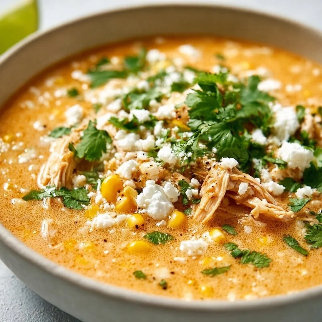 Bowl of creamy Mexican Street Corn Soup topped with cilantro and cheese