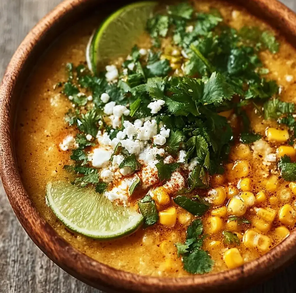 Delicious bowl of Mexican street corn soup topped with cilantro and lime.