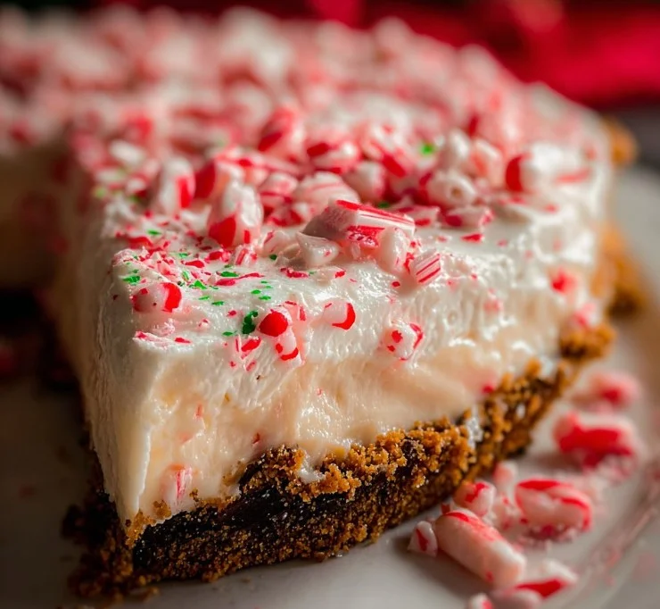 No Bake Christmas Peppermint Pie with whipped cream and peppermint candy garnish.