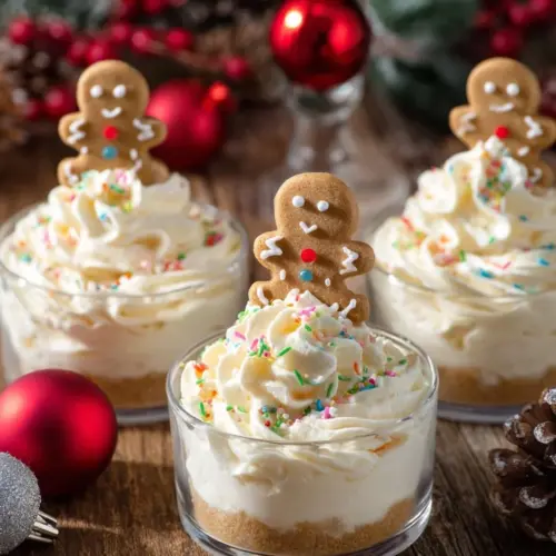 Delicious no-bake gingerbread cheesecake with festive garnishes.